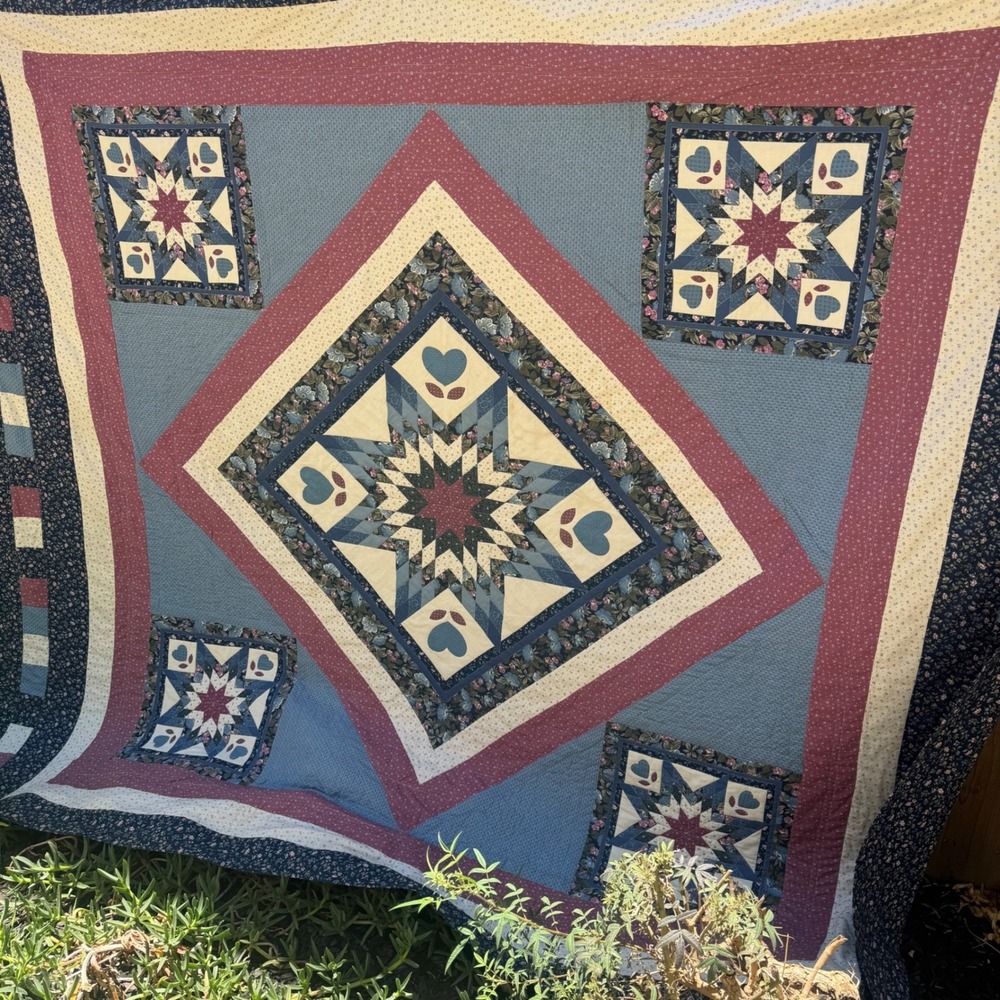 Handmade Vintage Quilt Queen Blue Red Lone Star Heart Floral Patchwork 82x102"